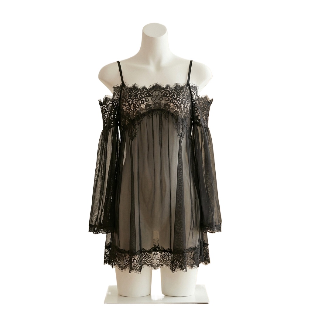 Babydoll Chemise Night - ชุดชั้นในสไตล์เบบี้ดอลล์สีดำสำหรับผู้หญิง ประดับด้วยลูกไม้ลายขนตา, ชุดนอนผ้าตาข่ายโปร่งบาง มีสายคล้องไหล่, เหมาะสำหรับใส่ในคืนฮันนีมูนและคืนวันแต่งงาน