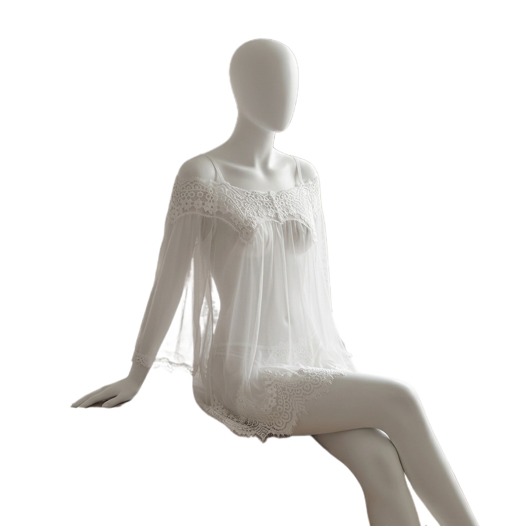Babydoll Chemise Night - ชุดชั้นในสไตล์เบบี้ดอลล์สีดำสำหรับผู้หญิง ประดับด้วยลูกไม้ลายขนตา, ชุดนอนผ้าตาข่ายโปร่งบาง มีสายคล้องไหล่, เหมาะสำหรับใส่ในคืนฮันนีมูนและคืนวันแต่งงาน